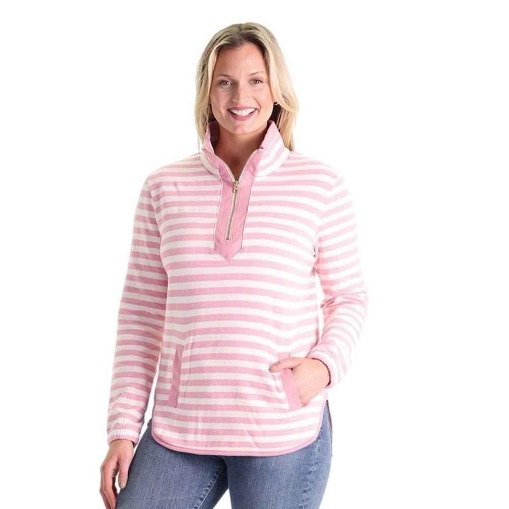 Duffield Lane Tory Tunic Sweatshirt Pullover Quarter Zip Cream White Striped S